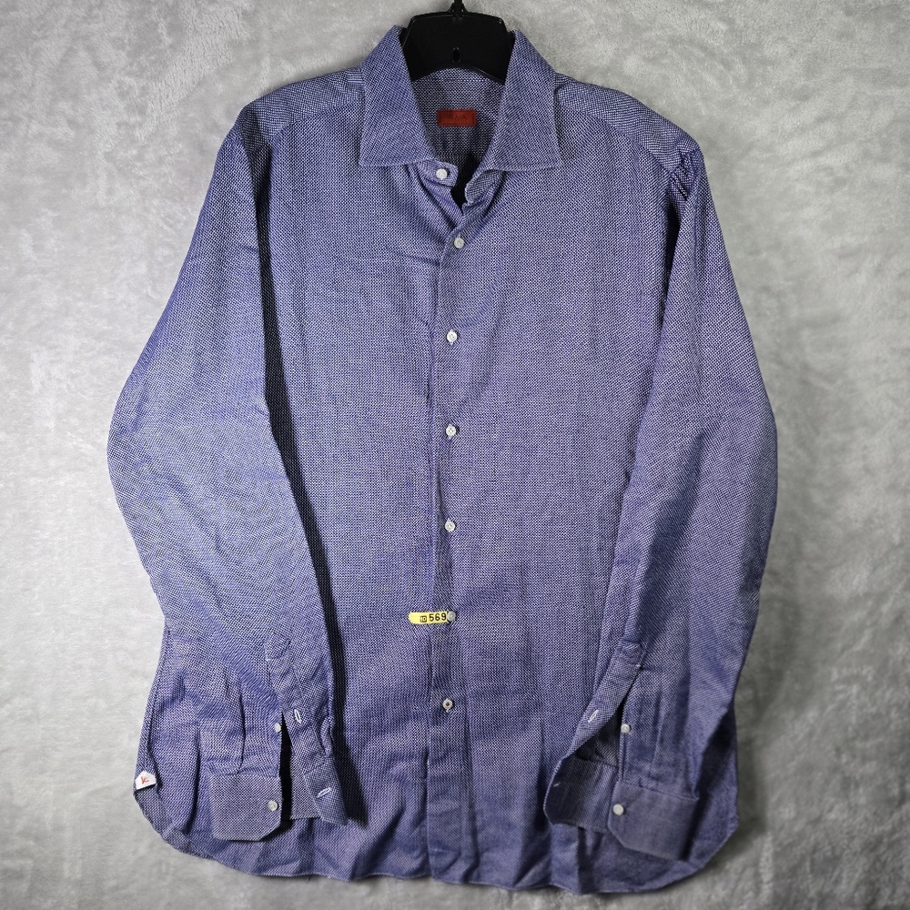 Isaia Napoli Dress Shirt Size 17.5 44 Blue Spotted 100% Cotton Thick Weave